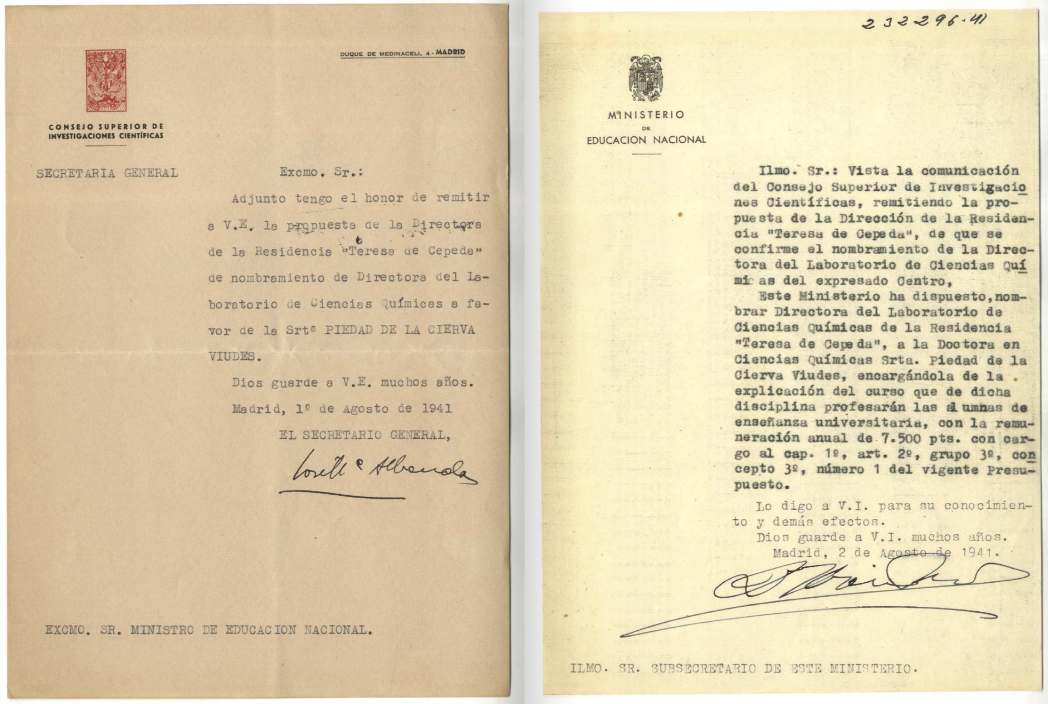 Expediente de Piedad de la Cierva como Directora de Laboratorio de Ciencias Químicas. AGA,31,01605,00048.